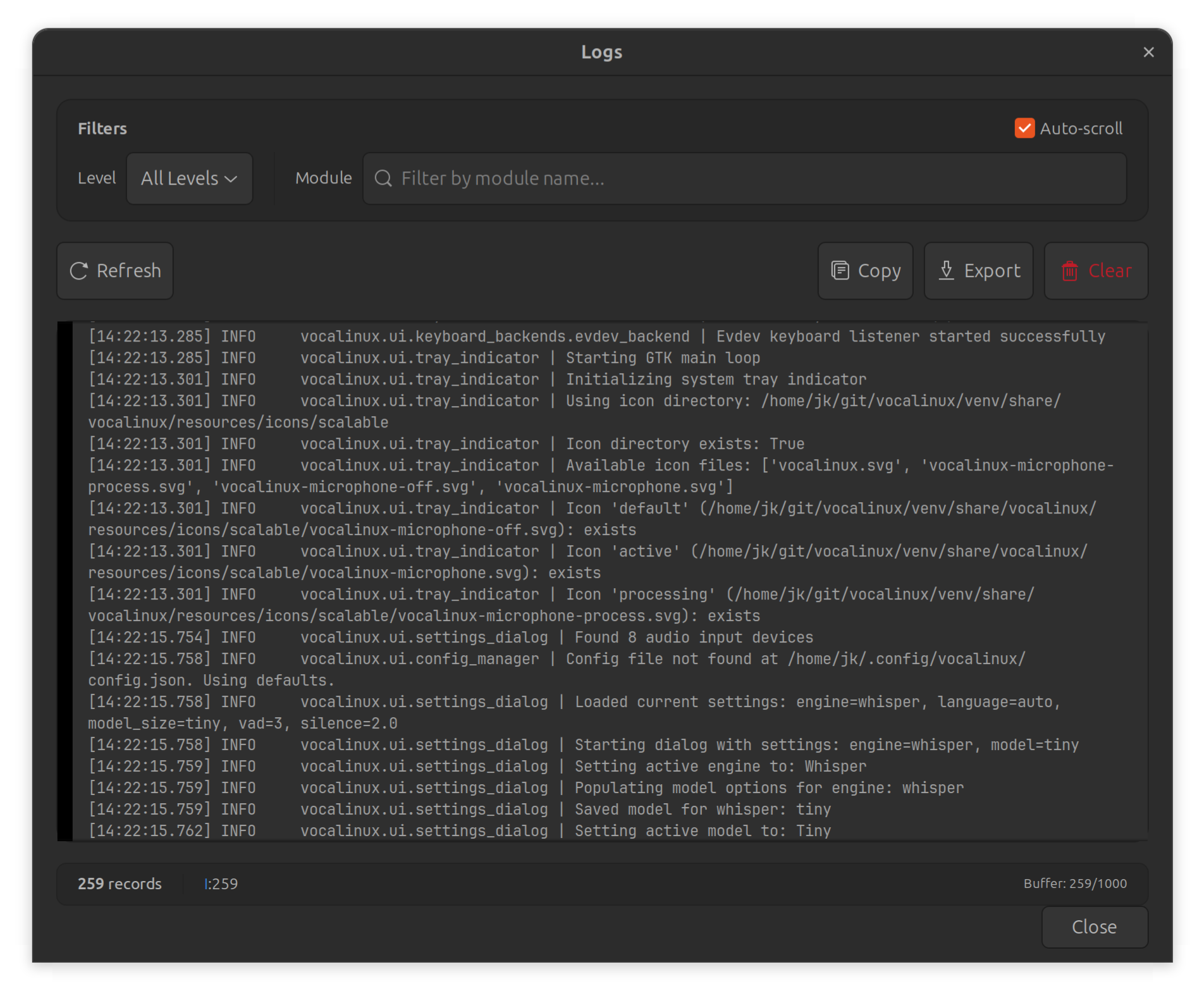 Vocalinux log viewer dialog