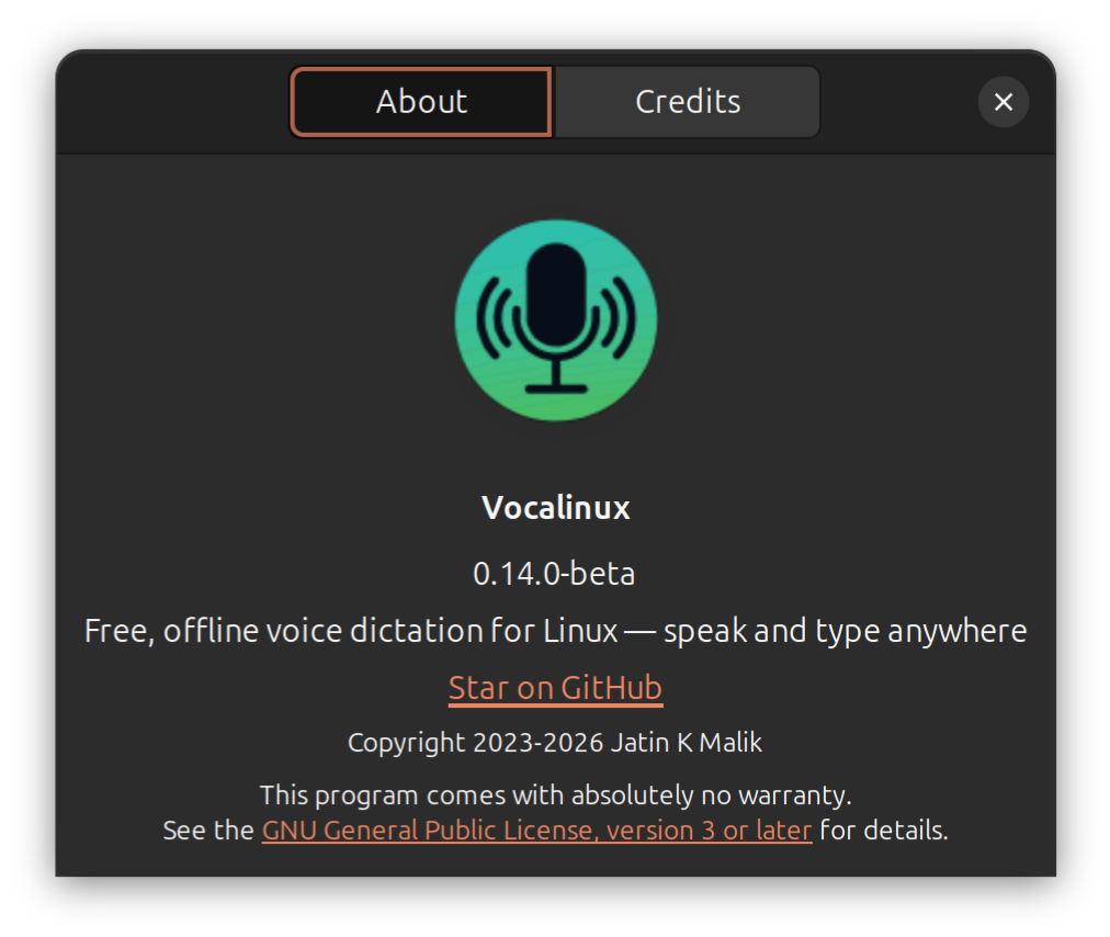 Vocalinux About dialog