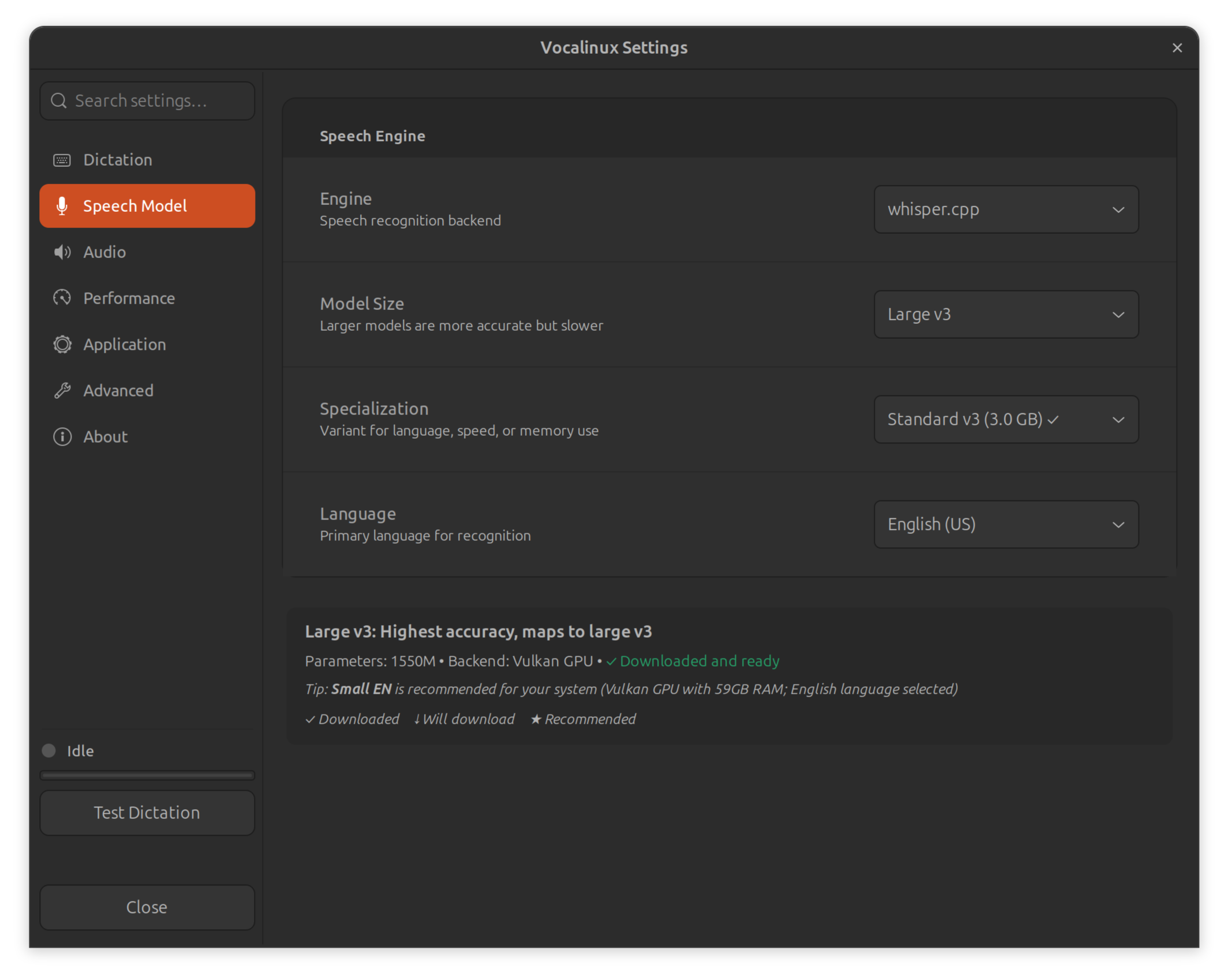 Vocalinux settings dialog showing speech engine options