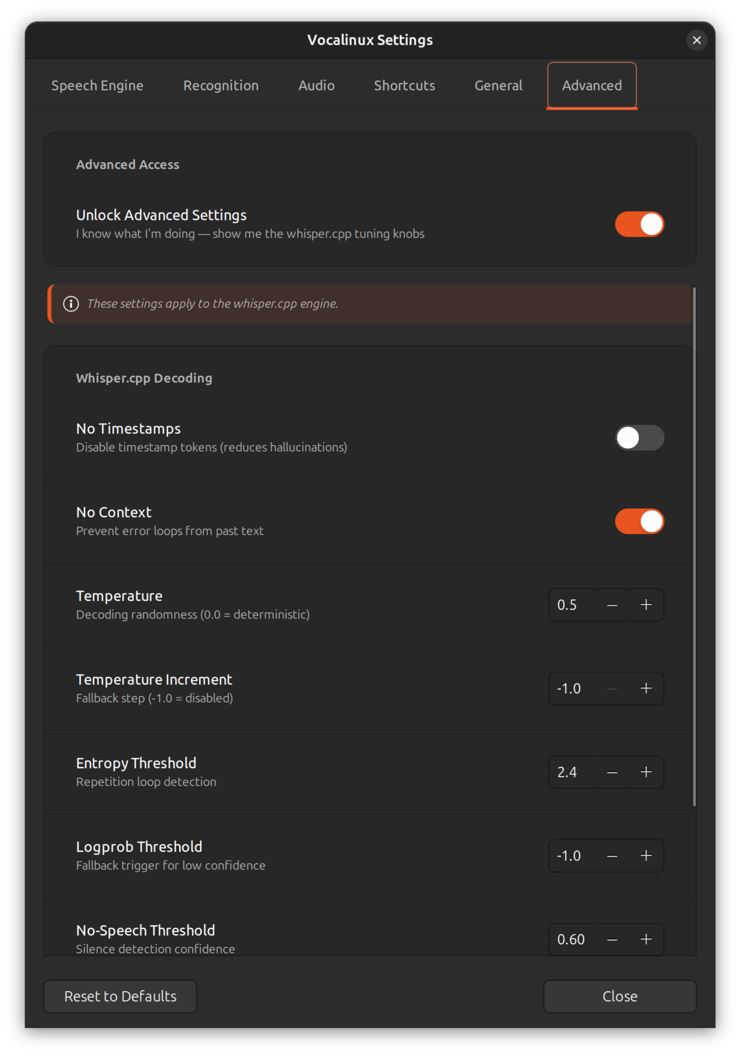 Advanced tuning and settings tab