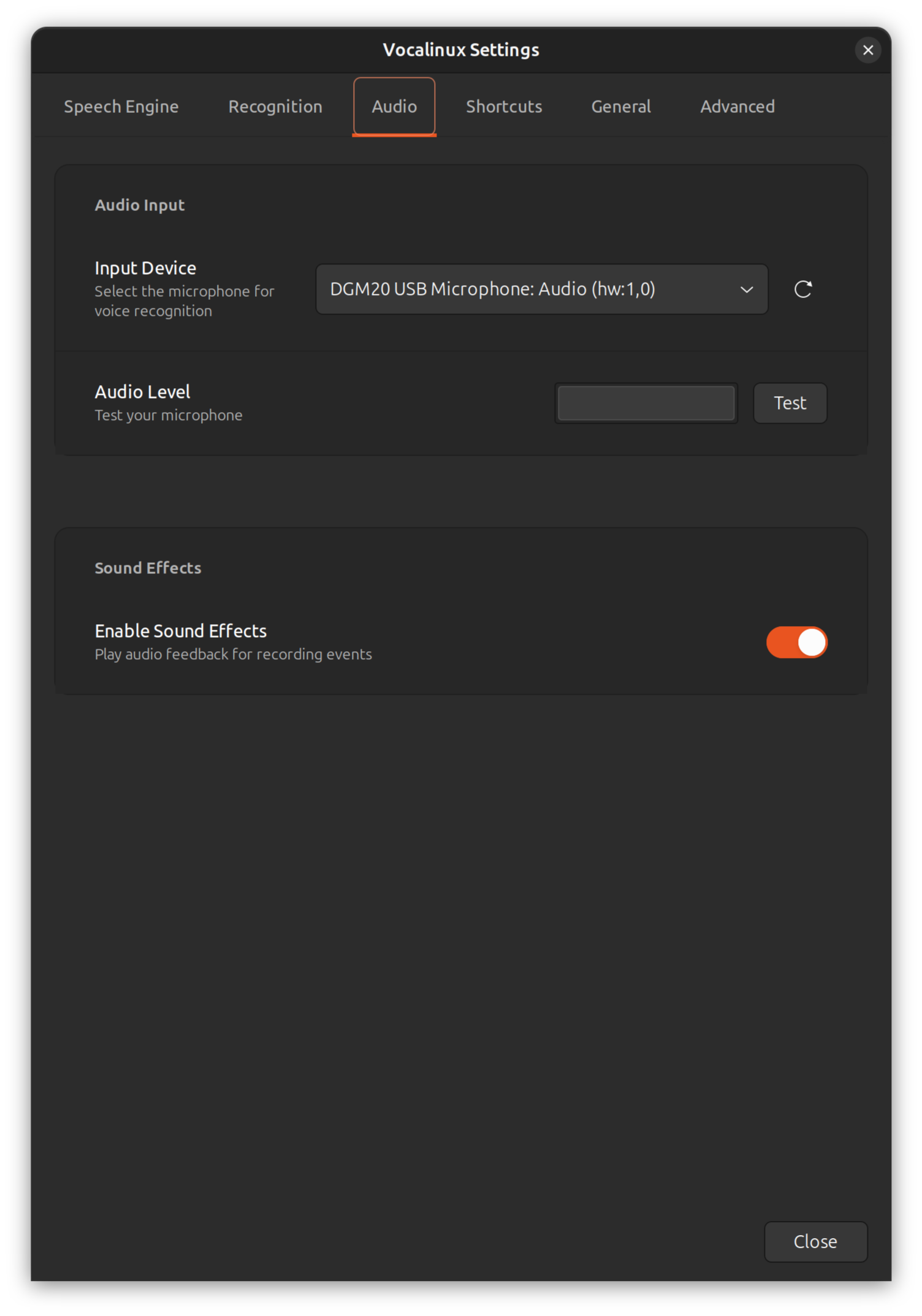Audio settings tab