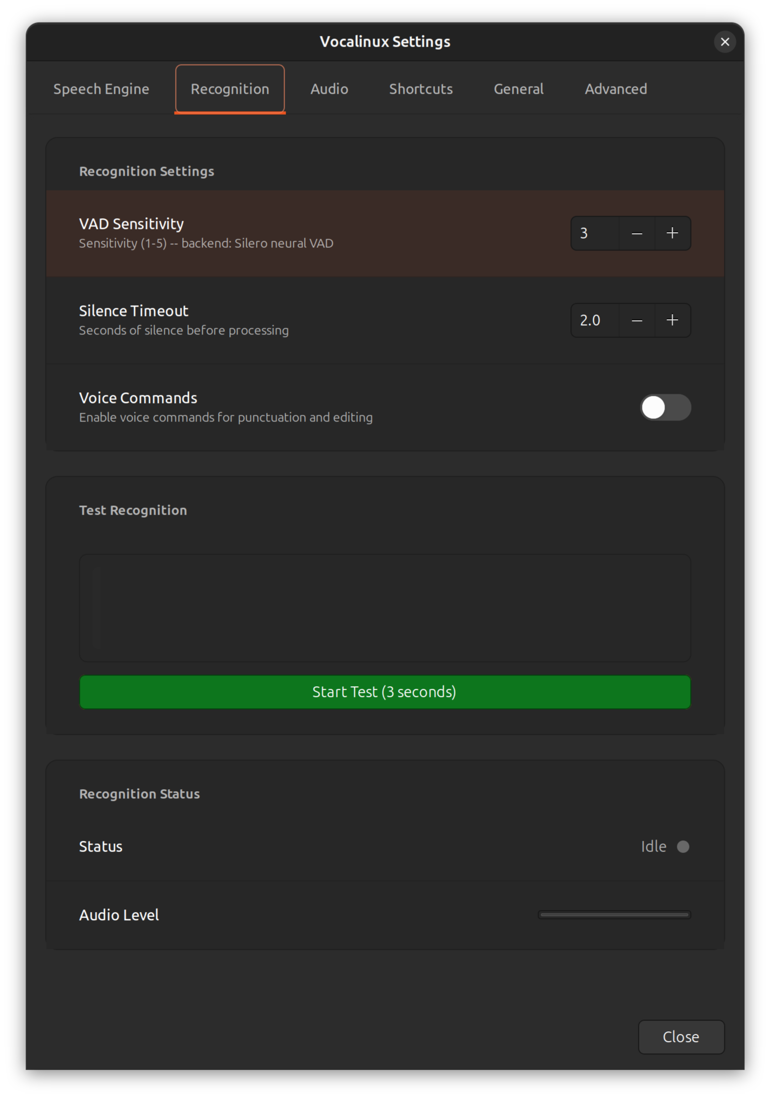 Recognition settings tab