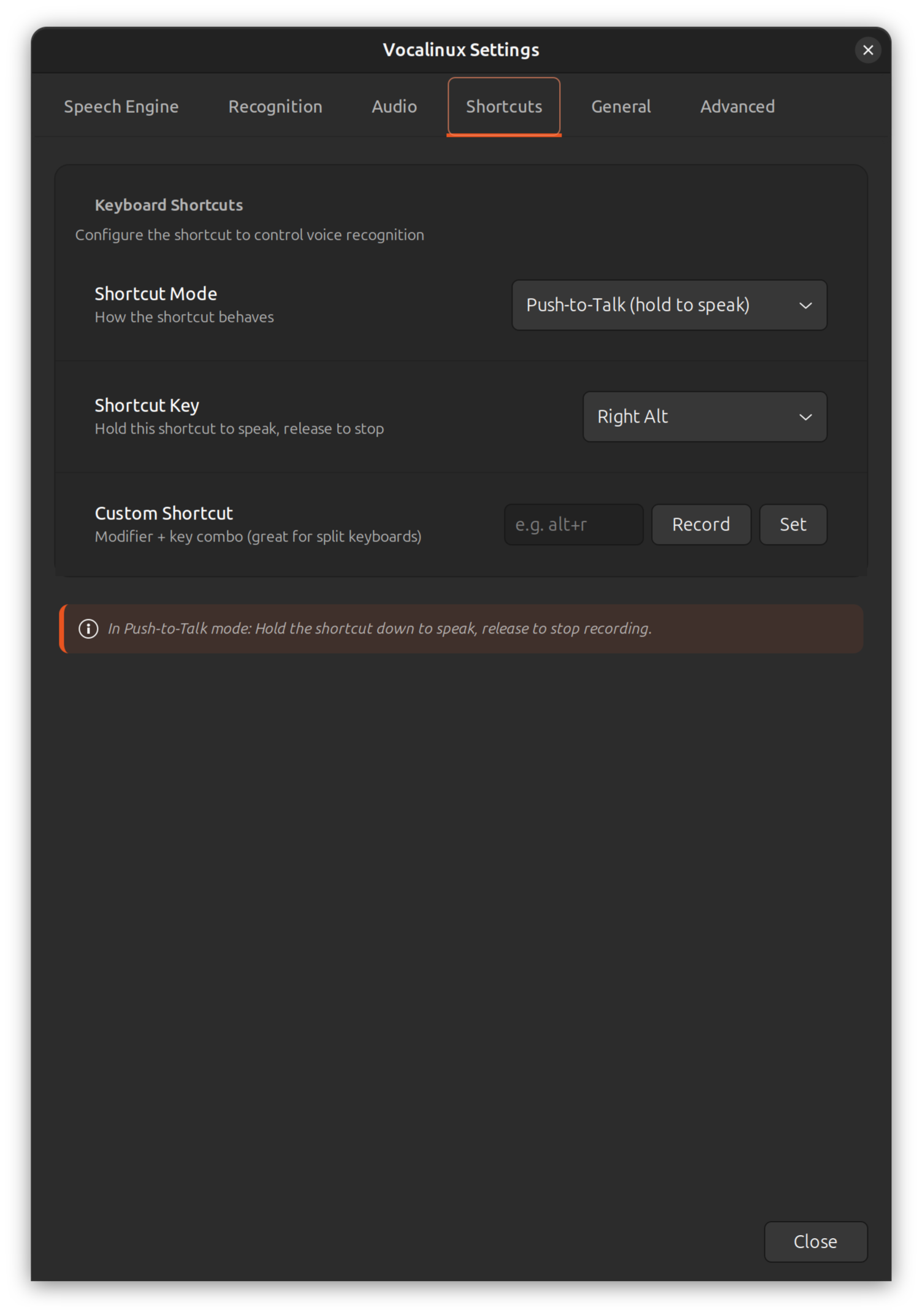 Shortcuts and hotkeys settings tab