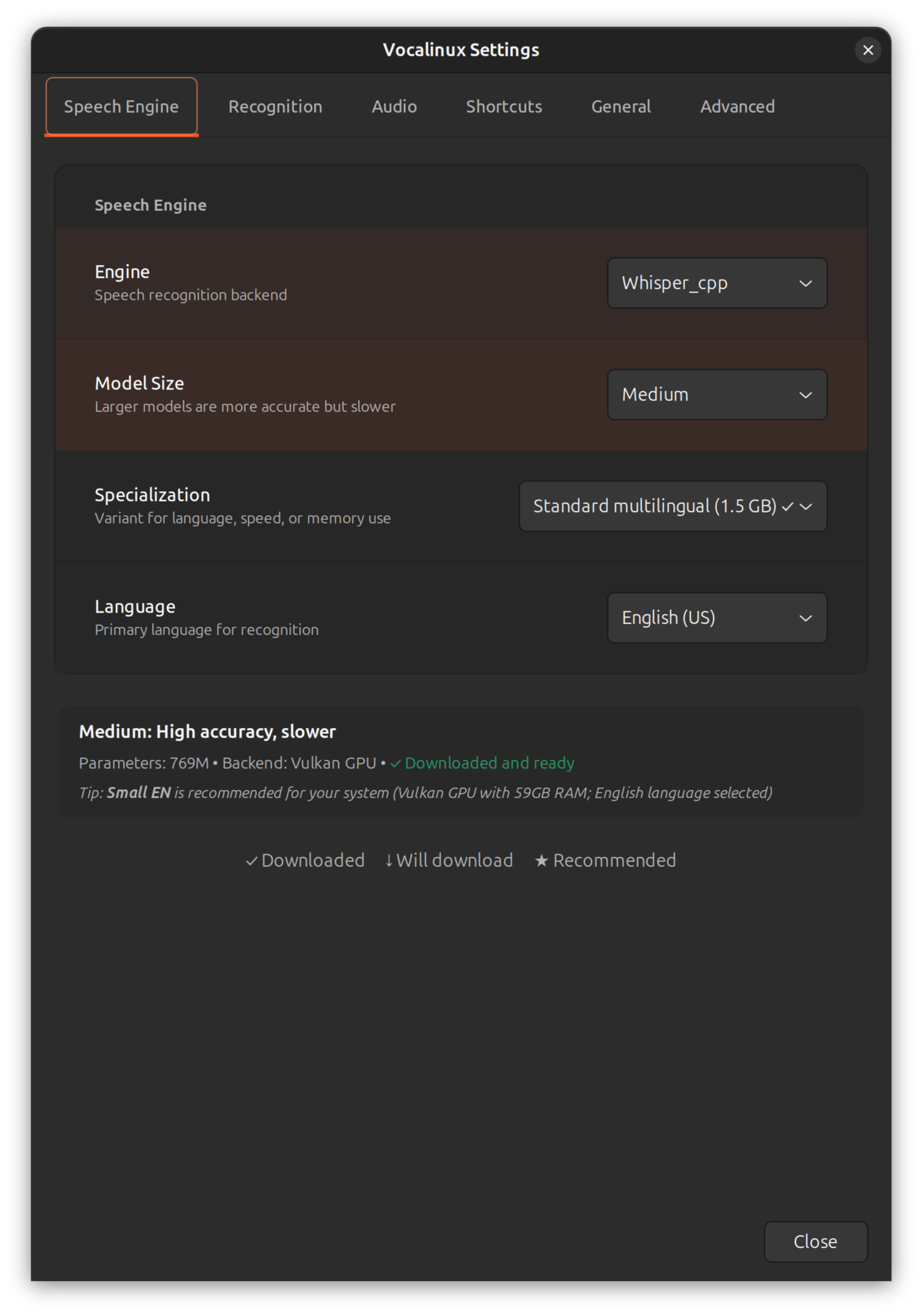Speech Engine settings tab